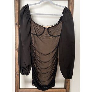 Black Sheer Mesh Puff Sleeve Blouse Size S Ruched Long Sleeve Top